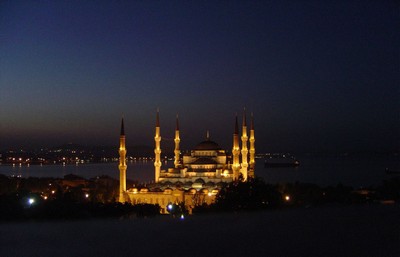 blue mosque at night